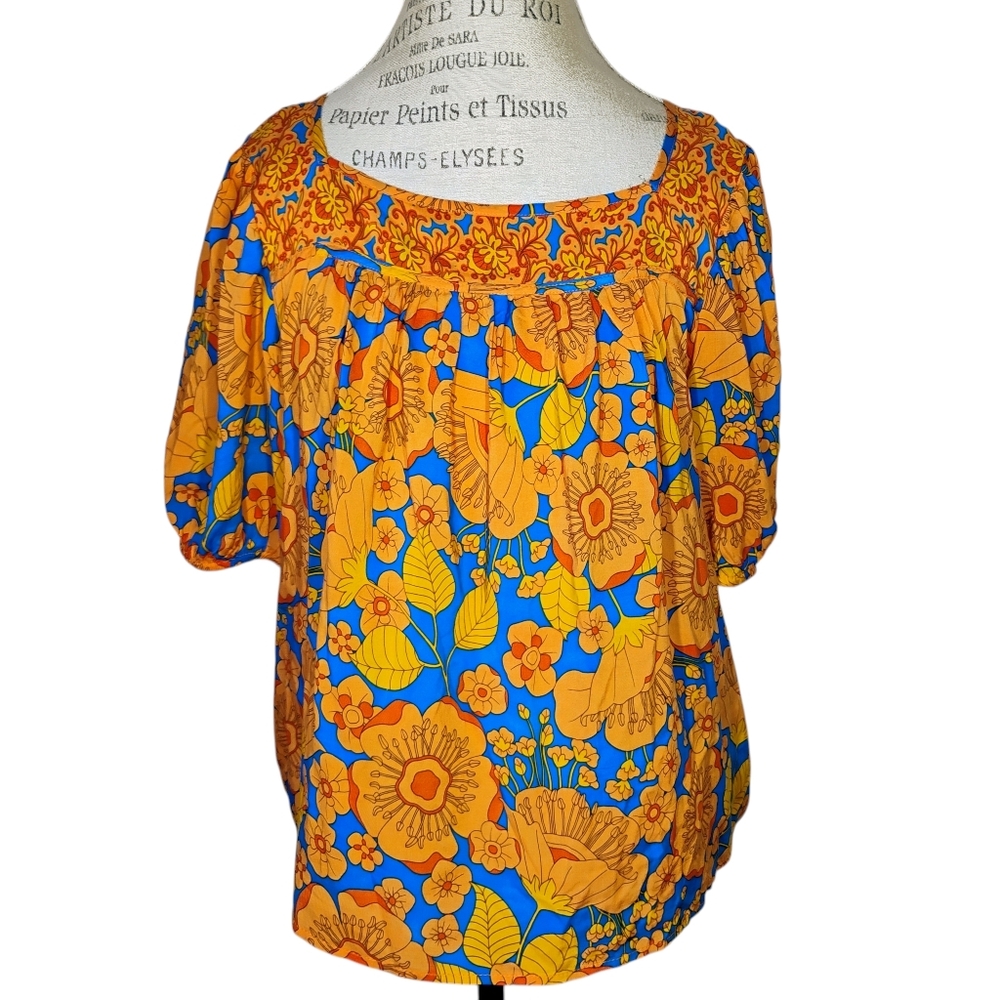 Rose & Olive Floral Top Womens XL Orange‎ Blue Retro Mod Flowy Lightweight - Picture 9 of 9